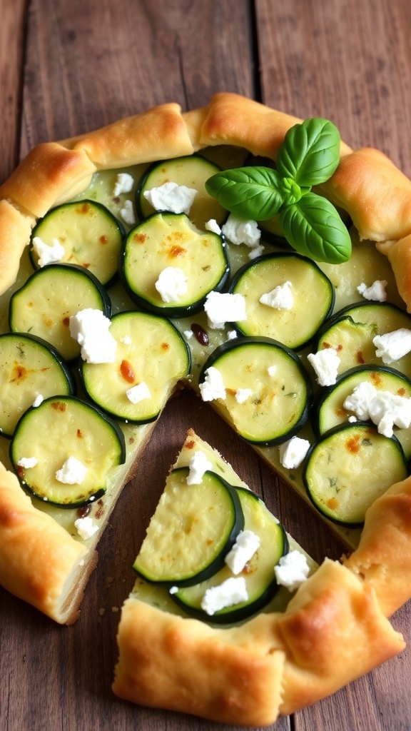 Zucchini and Feta Tart Recipe A savory zucchini and feta tart with golden pastry and fresh herbs on a wooden table.